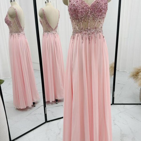A-line Floor Length Chiffon Long Prom Dress with Beaded Sheer Waist