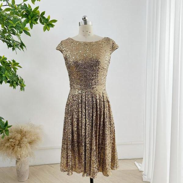 Cap Sleeves Champagne Sequin Short Party Dress with Keyhole Back