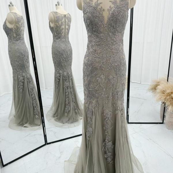 Appliqued Grey Sheath Formal Occasion Dress Evening Gown with Flounce Skirt