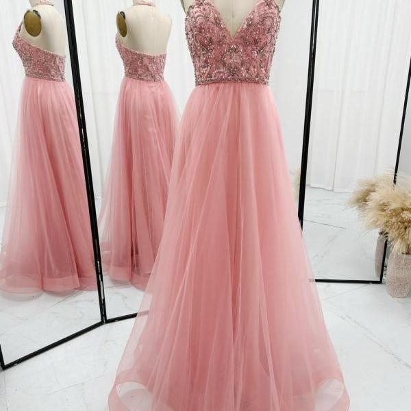 Halter Pink Prom Dress with Beaded Bodice