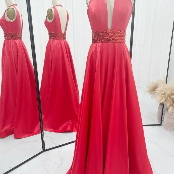 Halter Long Red Satin Prom Dress Evening Gown