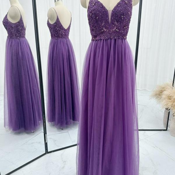 Spaghetti Straps Purple Tulle Prom Dress with Beads