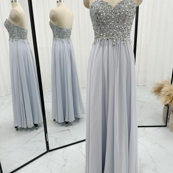 Sweetheart Neckline Floor Length Silver Prom Dresses