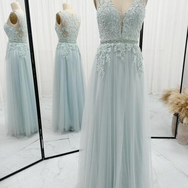 Plunging Neck Ice Blue Long Prom Dress