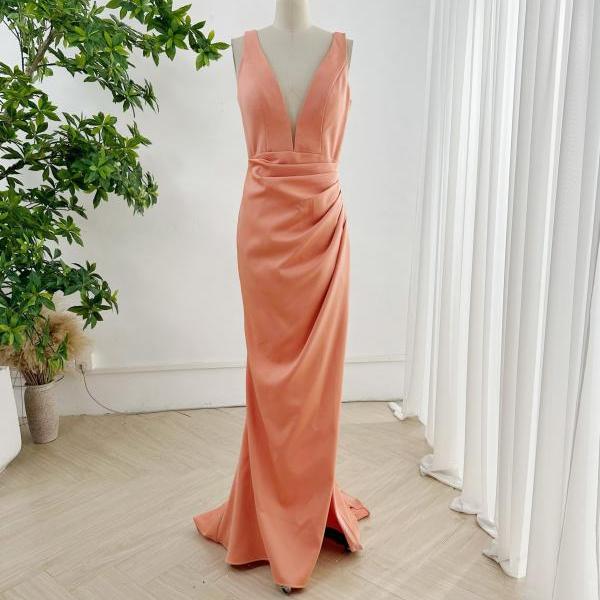 Plunging Neck Satin Sheath Prom Dress with Pleated Skirt Long Pageant Gown