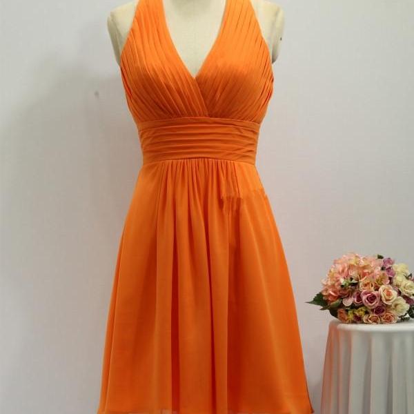V Neck Halter Orange Chiffon Short Party Dress
