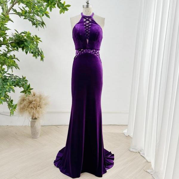 Purple Velvet Sheath Prom Dress Formal Occasion Evening Gowns