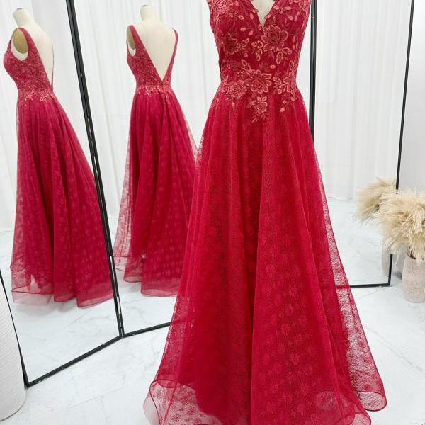 V Neck Red Long Prom Dress with Sequined Appliques