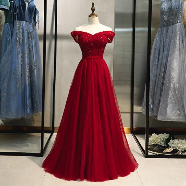 Off Shoulder Dark Red Formal Occasion Dress Evening Gown with Beaded Bodice