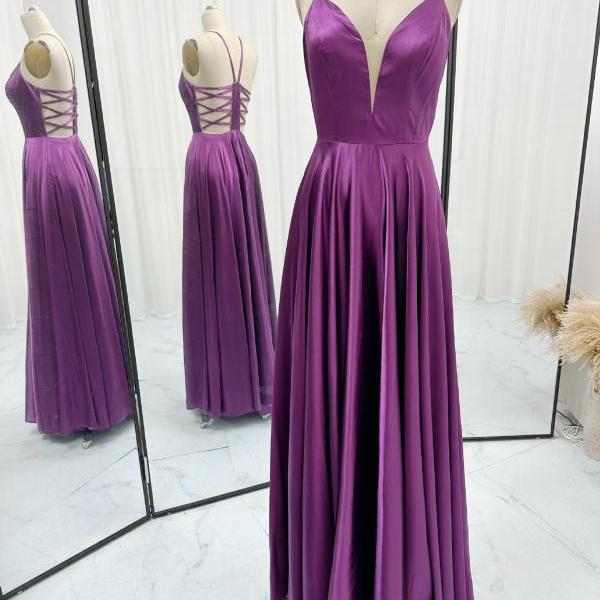 Plunging Neck Purple Prom Dress with Strappy Back