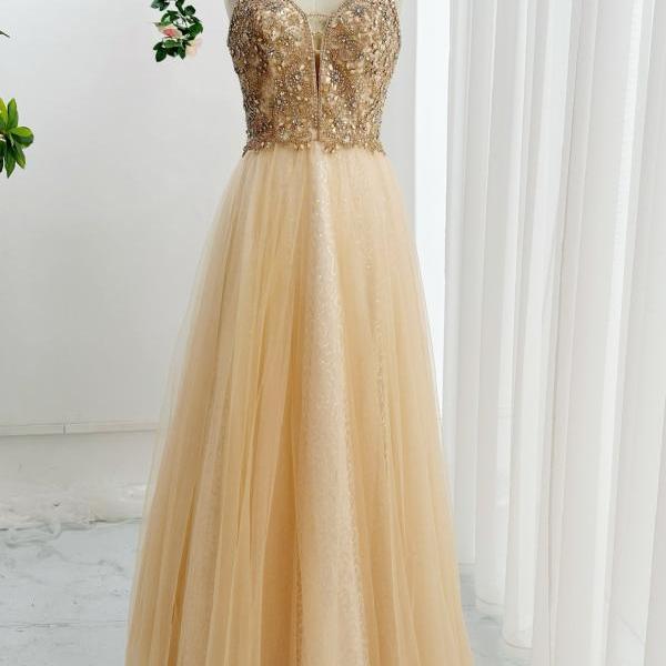 Champagne Prom Dress with Beaded Bodice