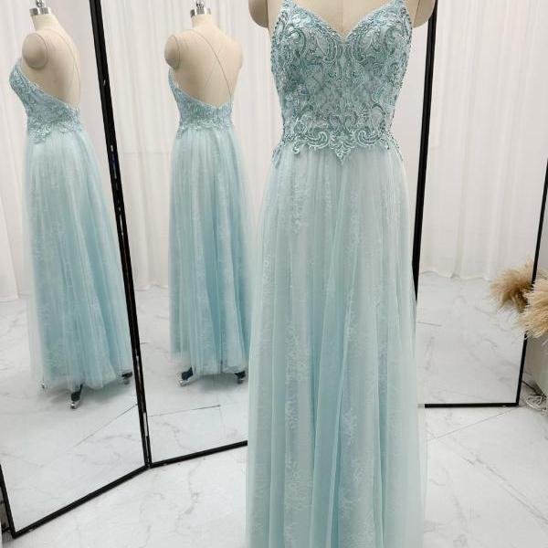 Floor Length Light Blue Prom Dress