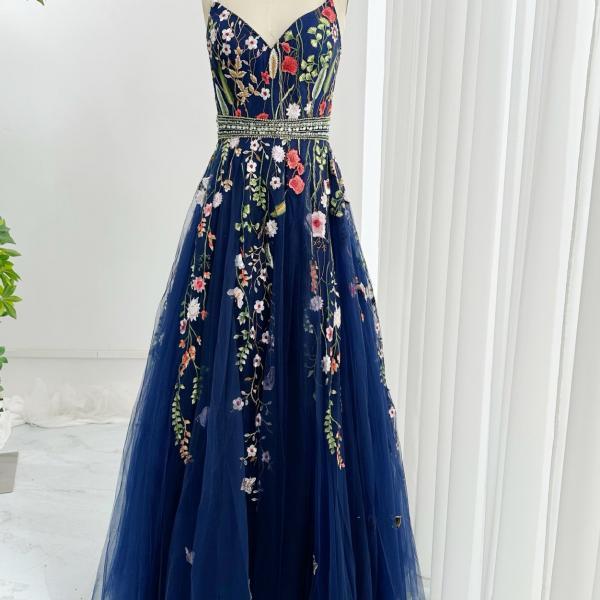 Spaghetti Strap Floral Applqiued Formal Occasion Dress Long Evening Gown