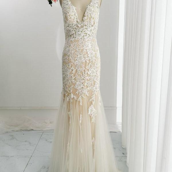 V Neck Sheath Champagne Prom Dress with Ivory Lace