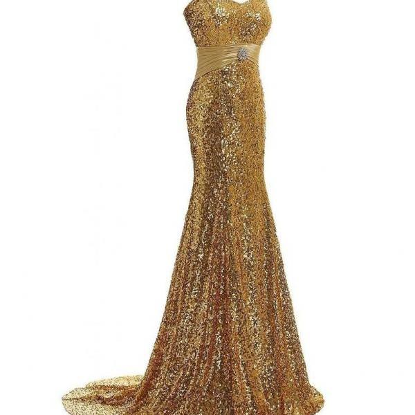 Sweetheart Neckline Sheath Gold Sequin Formal Dress Long Evening Gown