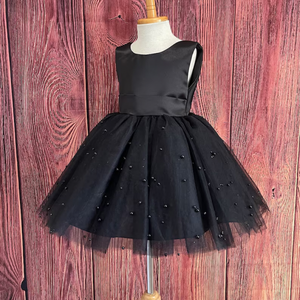 Black Knee Length Girl Dress with Pearls