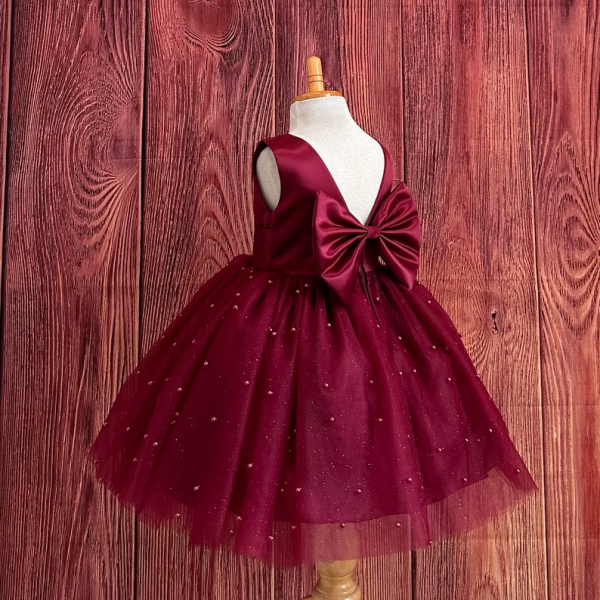 Burgundy Girl Dress with Pearls
