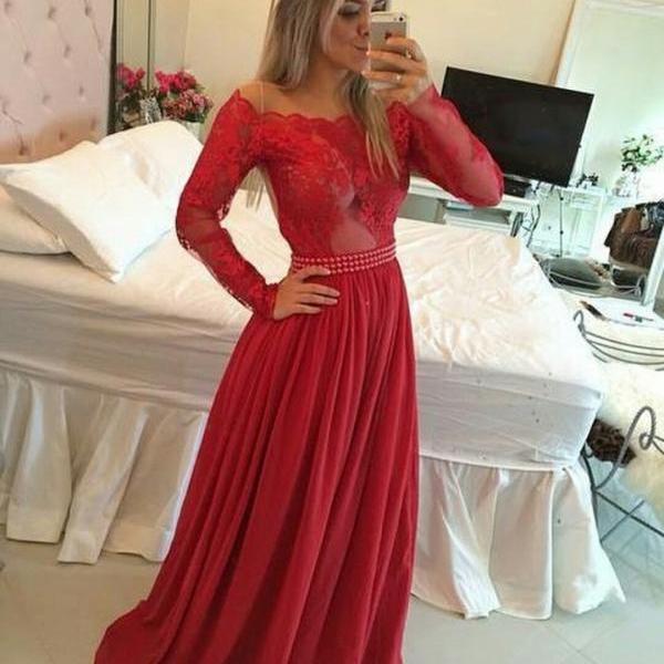 red long sleeve lace gown