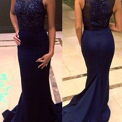 Navy Jewel Neckline Mermaid Prom Dress With Beadings And Sequins on Luulla