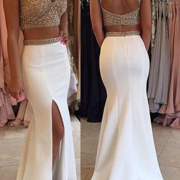 Black Girl Prom Dress Two Piece Prom Dress with Side Slit and Pockets