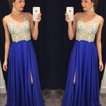 V Neck Royal Blue Jeweled Chiffon Prom Dress on Luulla