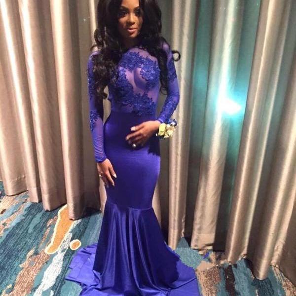 Open Low Back Royal Blue Mermaid Prom Dress With Long Sleeves On Luulla