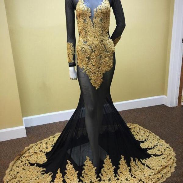 Trendy Gold Lace Appliques Black Long Sleeve Mermaid Evening Gowns JTE532
