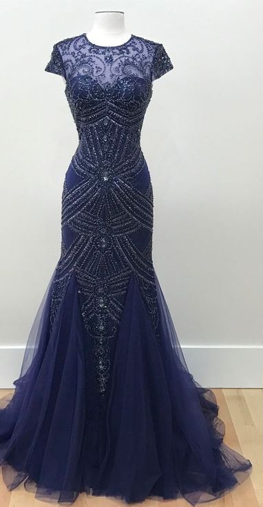 Navy Blue Cap-sleeved Beaded Mermaid Long Prom Dress, Evening Dress on ...