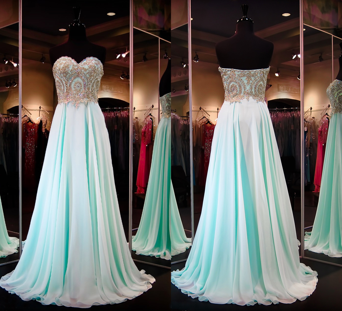 Mint Floor Length Long Mint Evening Dress With Gold Appliques on Luulla