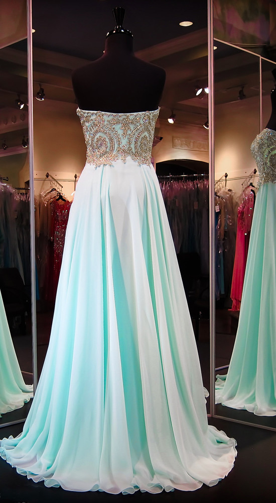 Mint Floor Length Long Mint Evening Dress With Gold Appliques on Luulla