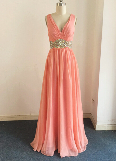 V Neck Long Chiffon Prom Dress With Beaded Waist on Luulla