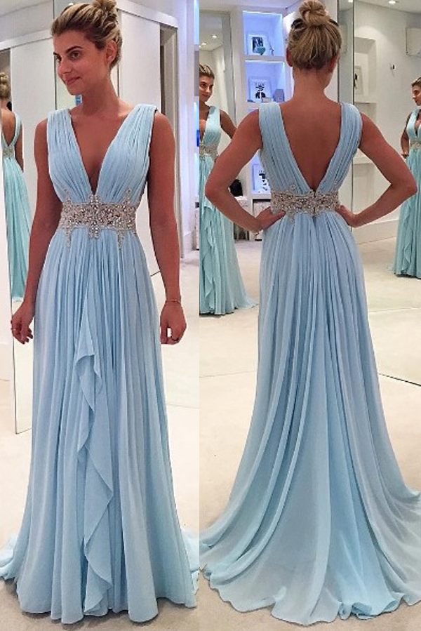 Pleated Chiffon Prom Dress With Beaded Waist on Luulla