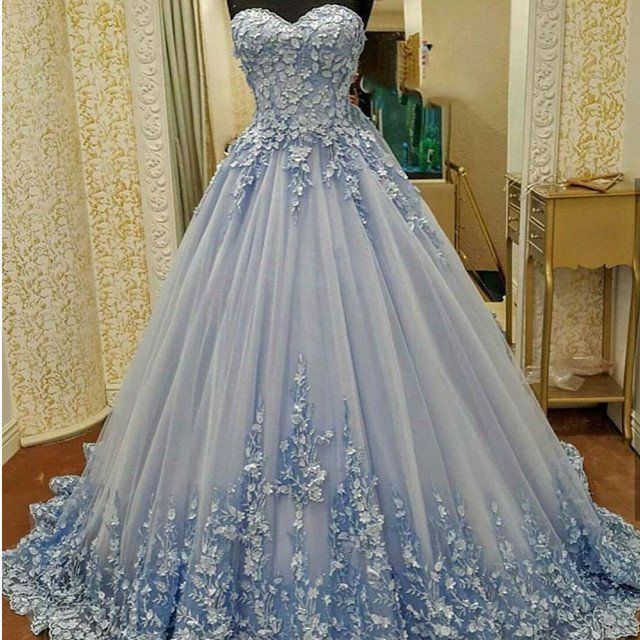 Strapless Blue Ball Gown Prom Dress With Floral Lace on Luulla