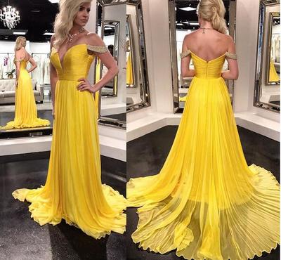Off Shoulder A Line Yellow Chiffon Prom Dress with Slit LBQ3795 main image 1
