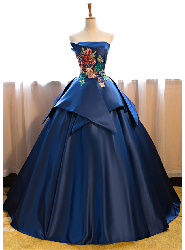 Royal Blue Strapless Floral Embroidered Princess Ball Gown Prom Dress Evening Dress Featuring 