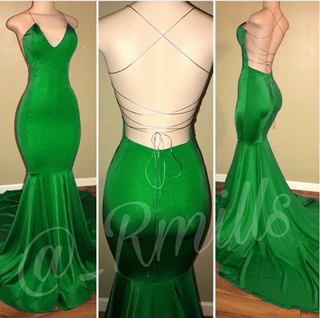 V Neck Green Mermaid Prom Dress With Tie Strings Back on Luulla