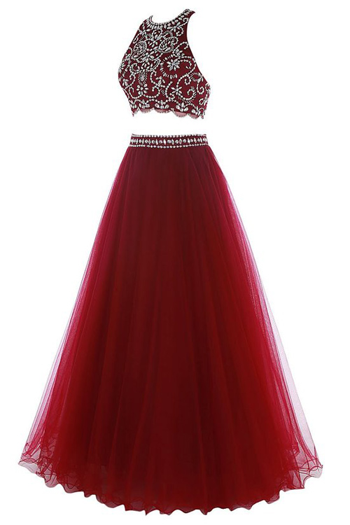 Halter Wine Red Two Pieces Prom Dress With Beads on Luulla