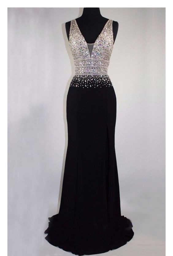 V Neck Black Prom Dress With Crystals Beads on Luulla