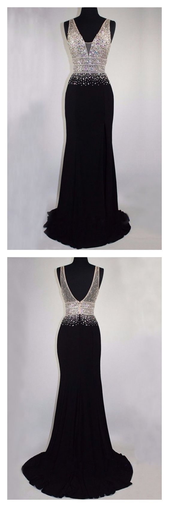 V Neck Black Prom Dress With Crystals Beads on Luulla