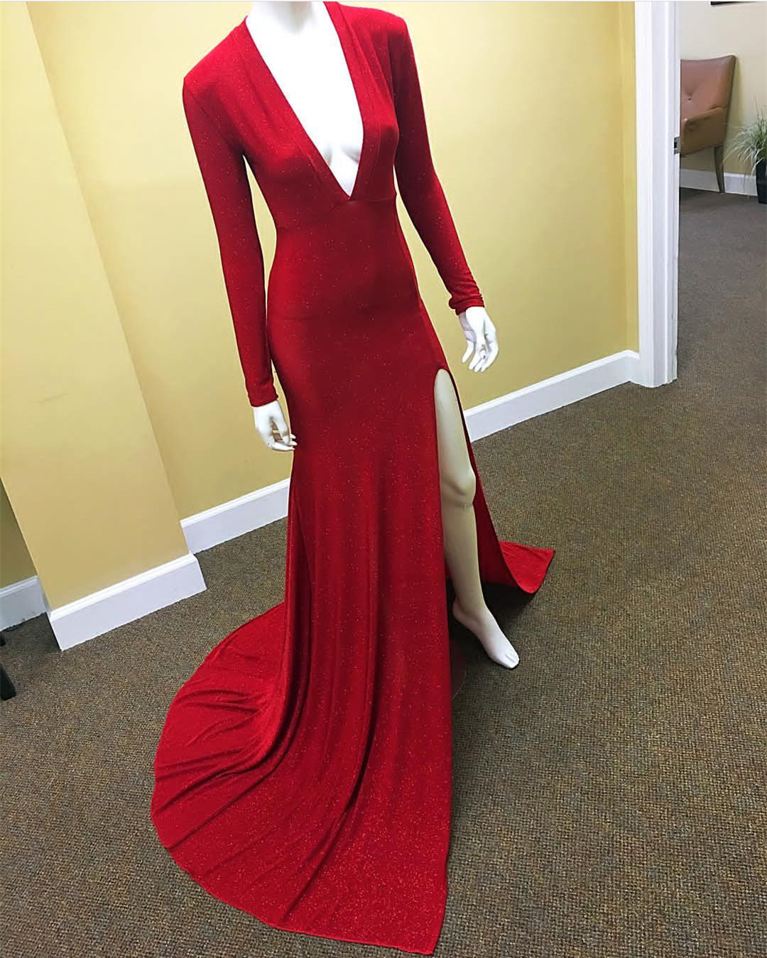 V-Neck Detachable Sleeves Long Evening Prom Dress with Shiny Split & Ruffles main image 1