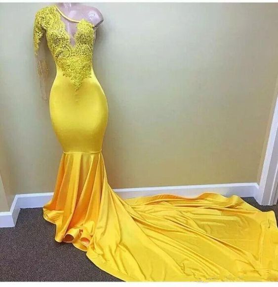Sexy African Lace Prom Dresses Yellow One Shoulder Long Sleeve Black ...