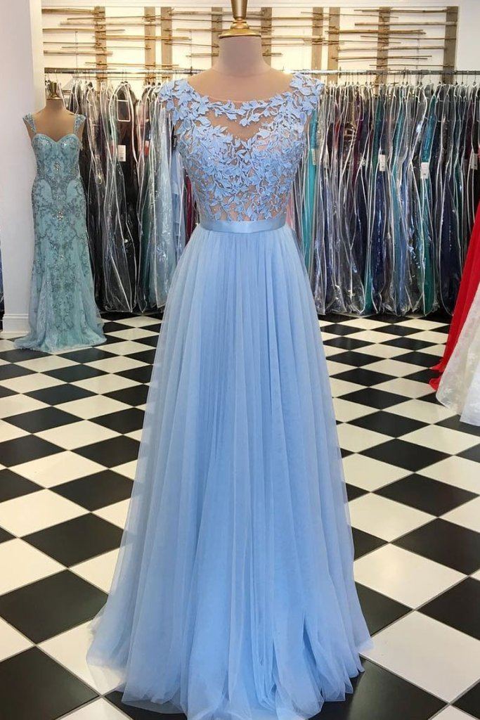 Unique round neck tulle applique long prom dress, blue evening dress main image 0