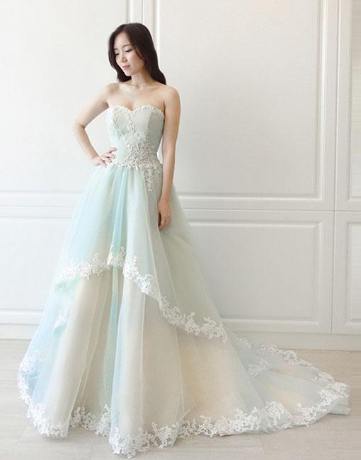 Unique high neck tulle lace long prom dress blue tulle lace evening dress,DS2380 main image 0