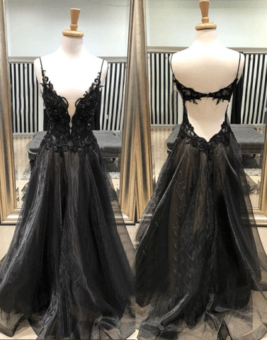 Illusion Plunging Neck Black Organza Prom Dress on Luulla