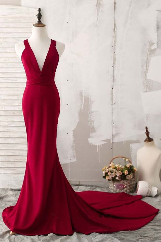 Evaluna | Red Strapless V-Neck Mermaid Pleated Layered Long Prom Dress With Slit