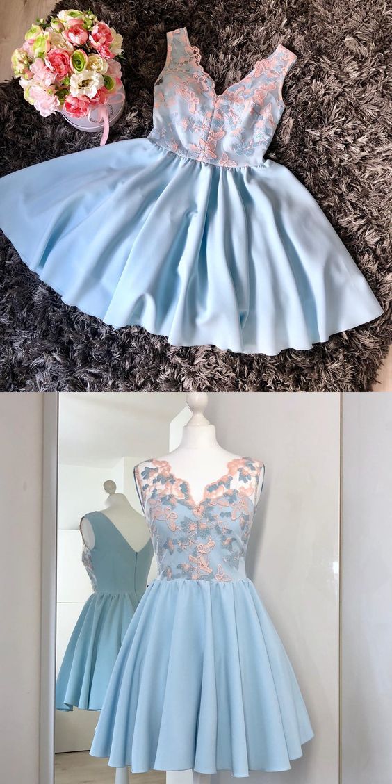 V Neck Light Blue Cheap 2018 Homecoming Dresses Under 100, CM403 main image 0