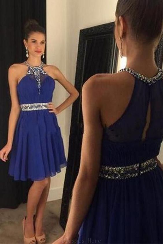 Halter Short Beaded Homecoming Dress With Keyhole Back on Luulla