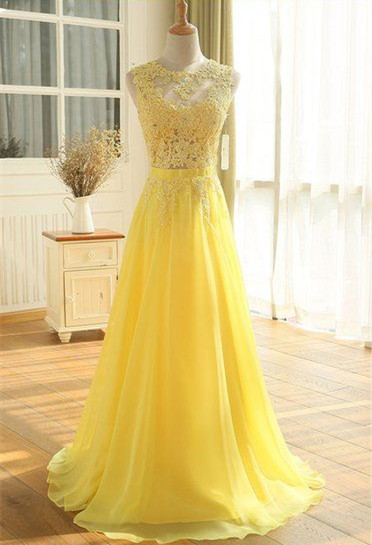 Sleeveless Long Yellow Chiffon Evening Gown With Appliqued Sheer Bodice ...