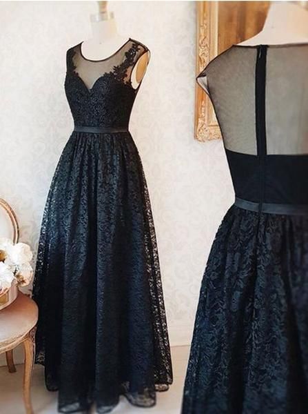 Cap Sleeves Floor Length Black Lace Dress With Sheer Back on Luulla