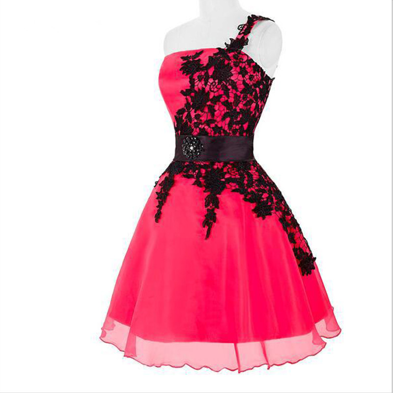 One Shoulder Hoco Party Dress With Black Lace on Luulla